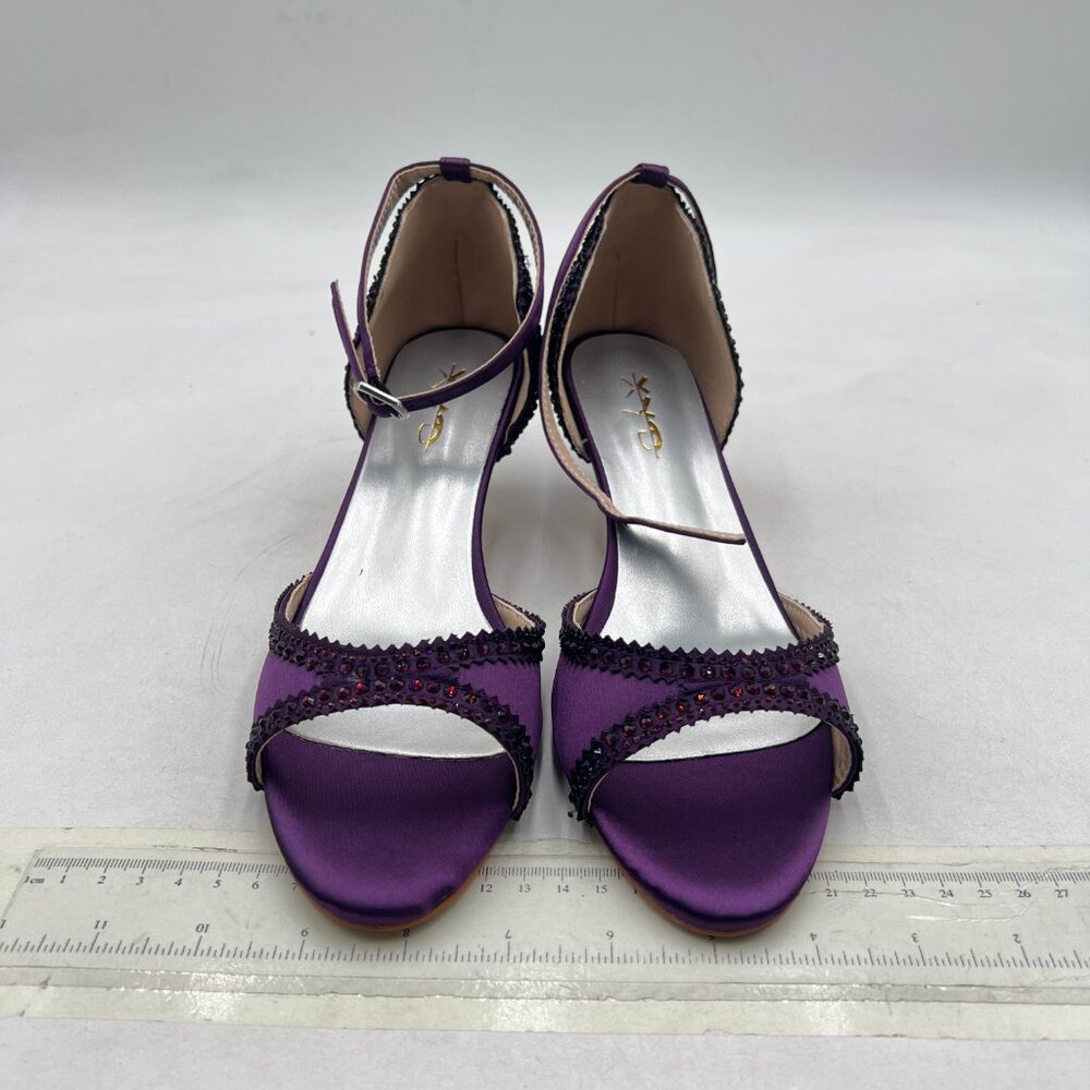 XYD Dark Purple Peep Toe D'Orsay Kitten Low Heel Rhinestone Ankle Strap Sandal - Picture 3 of 8